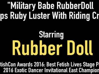 Military beauty RubberDoll Slaps Ruby Luster With Riding Crop!