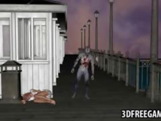 Голям бюст 3d карикатура особеност получаване на прецака от а зомби